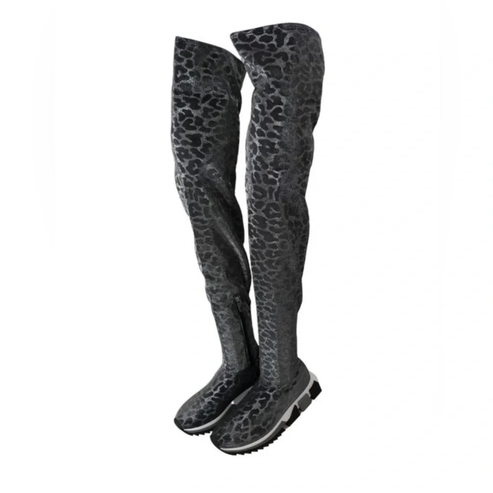 Dolce & Gabbana Gray Leopard Over the Knee Sneakers Boots , size 8